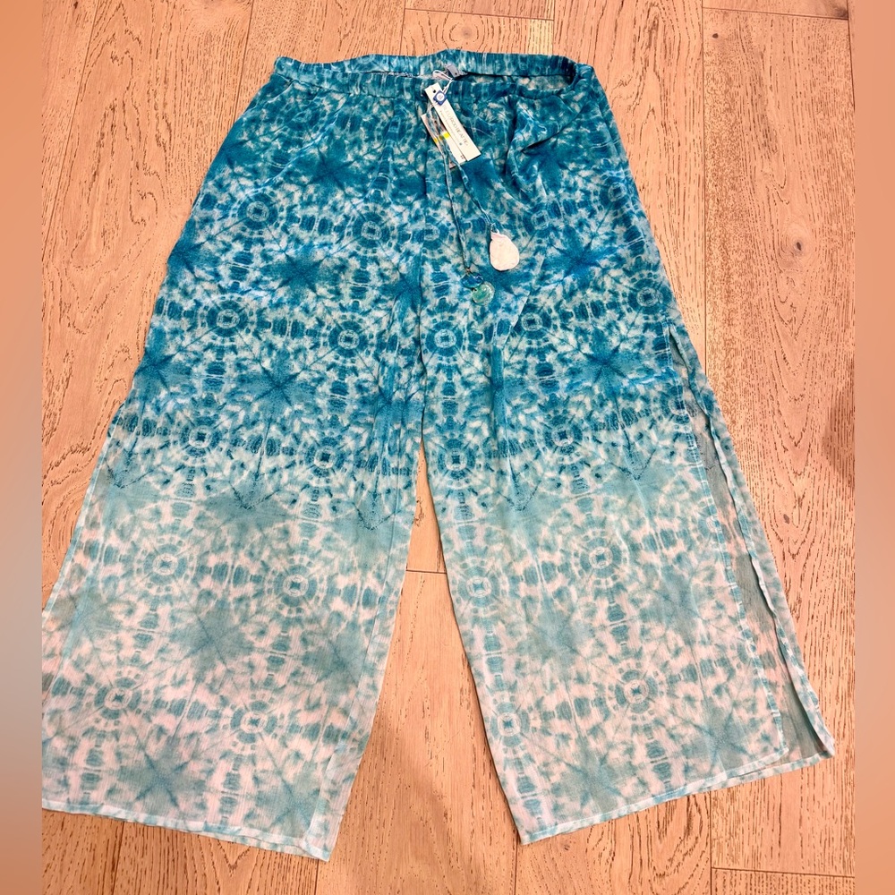 NWT Bleu Rod Beattie Teal Tie-Dye cover-up Pants with shell tie and slits-M